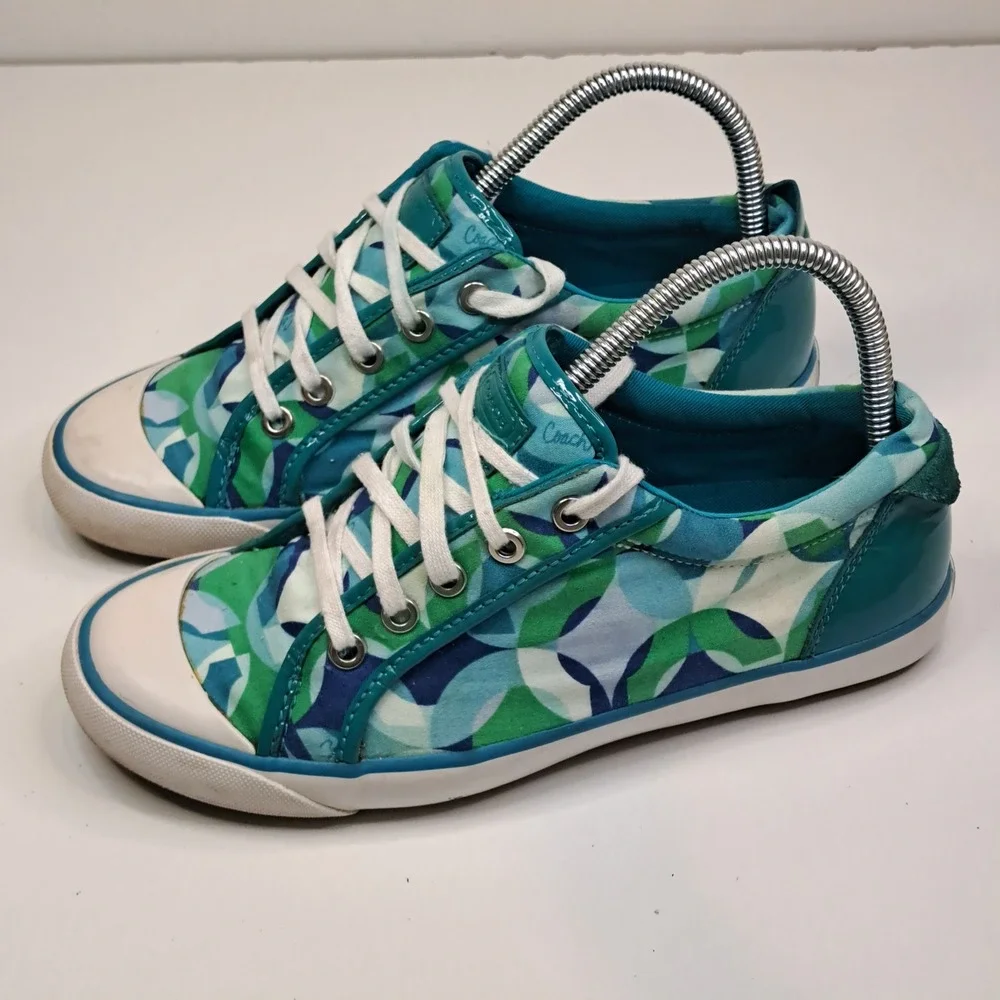 Coach Barrett Women Teal Green Blue Geometric Canvas Fashion Sneakers Q322 8B